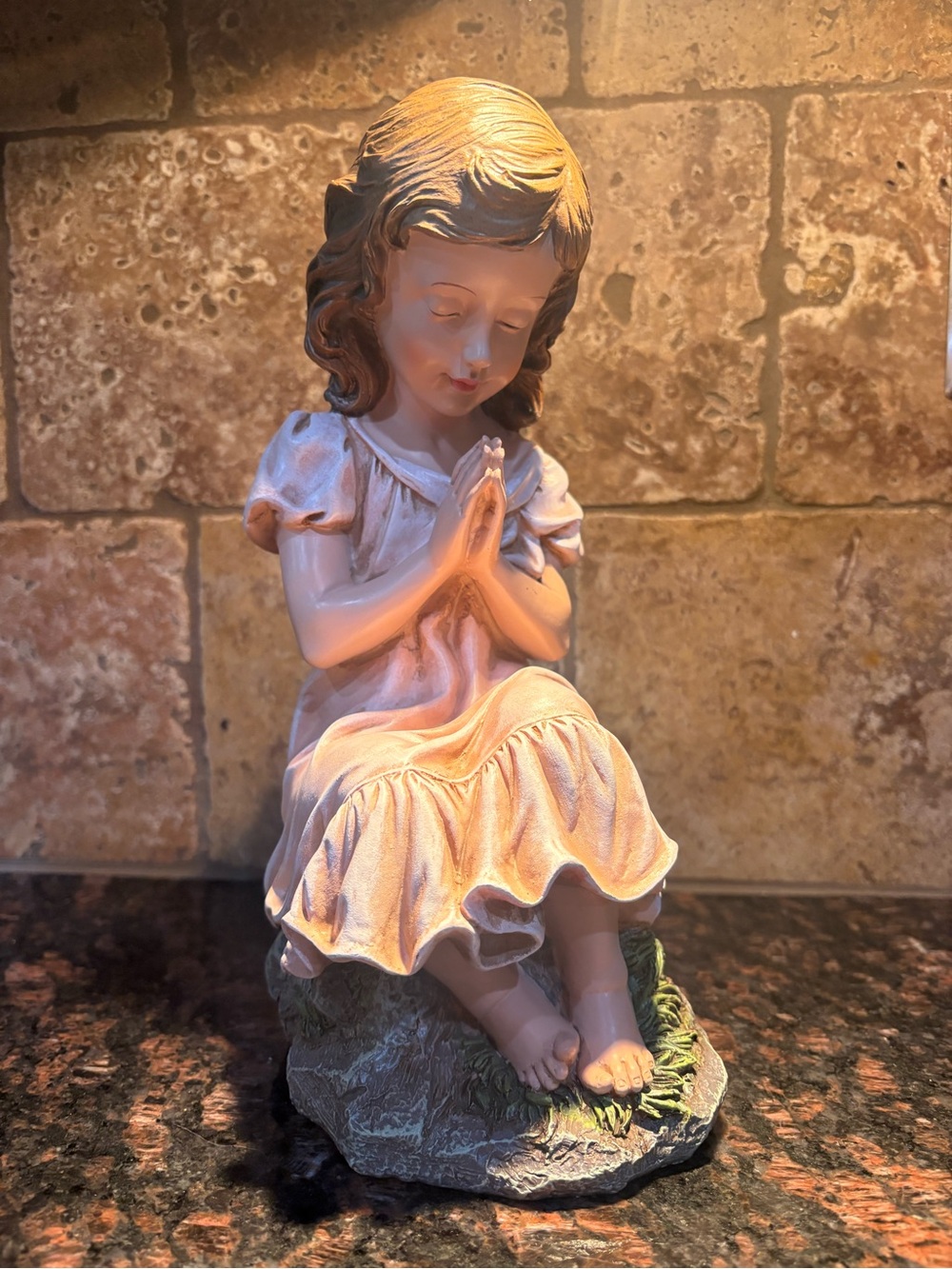 Vintage Style Praying Girl Seated on Rock Figurine Decor 10.25"